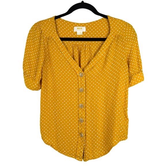Maeve by Anthropologie Yellow/White Polka Dot ShortSleeve ButtonDown Retro Top-0 - Picture 2 of 5